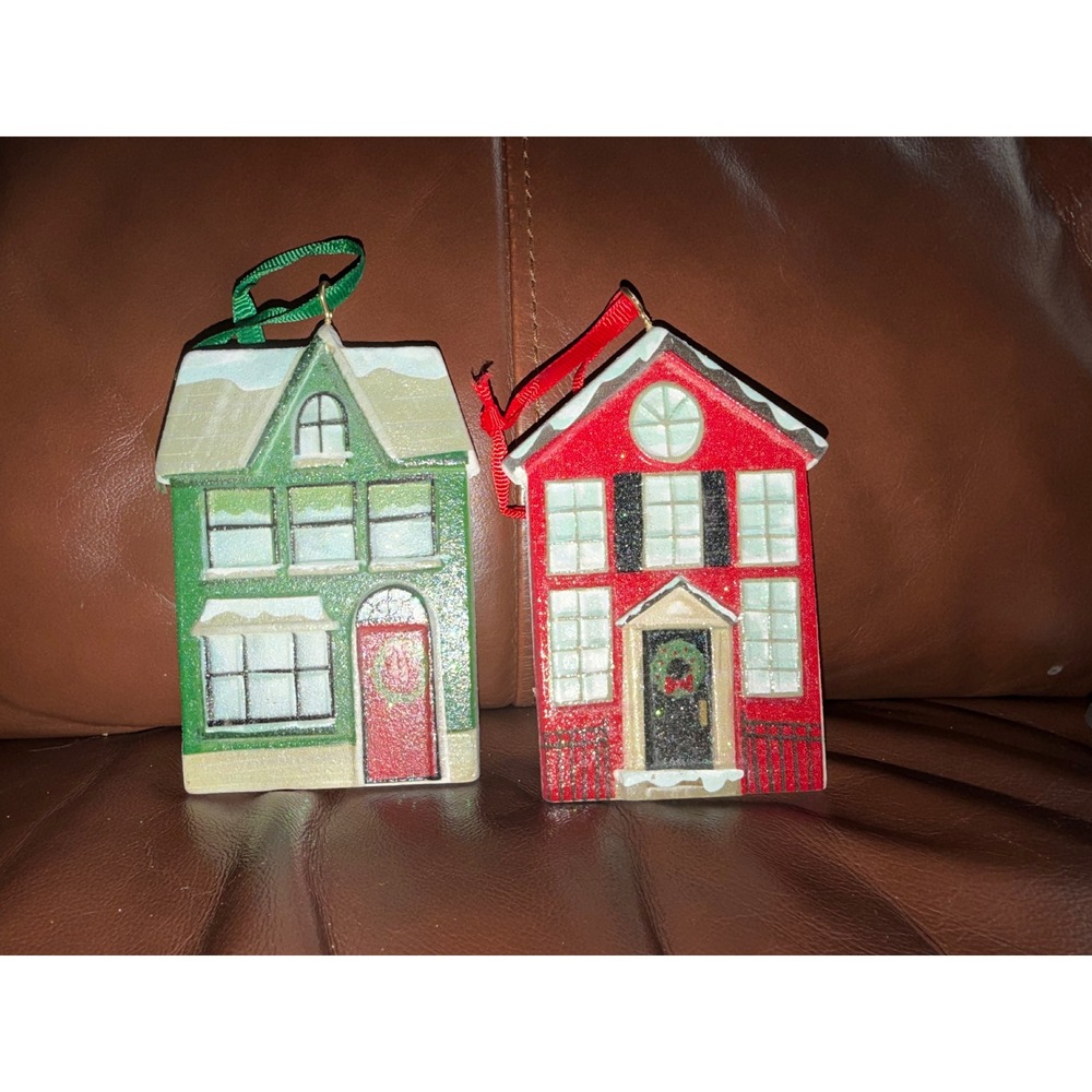 Set of 2 Christmas Wooden House Ornaments Red Green Glitter Holiday Decor